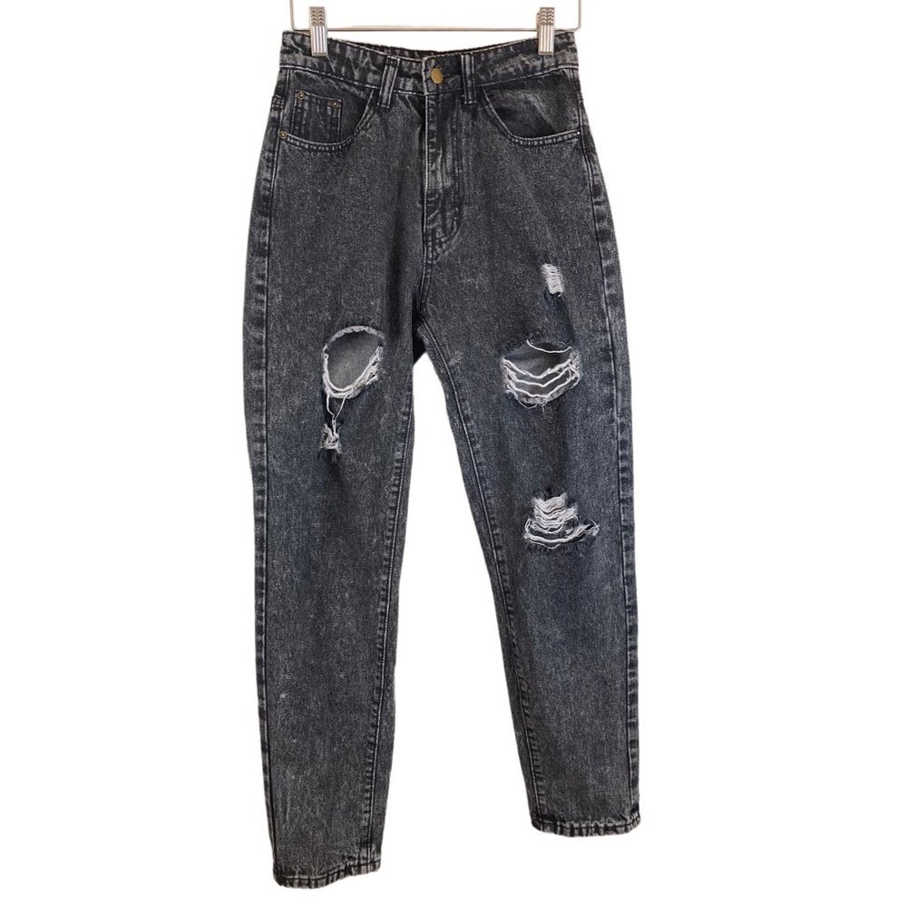 Shein Black Faded Grey Distressed Ripped Jeans Size 2